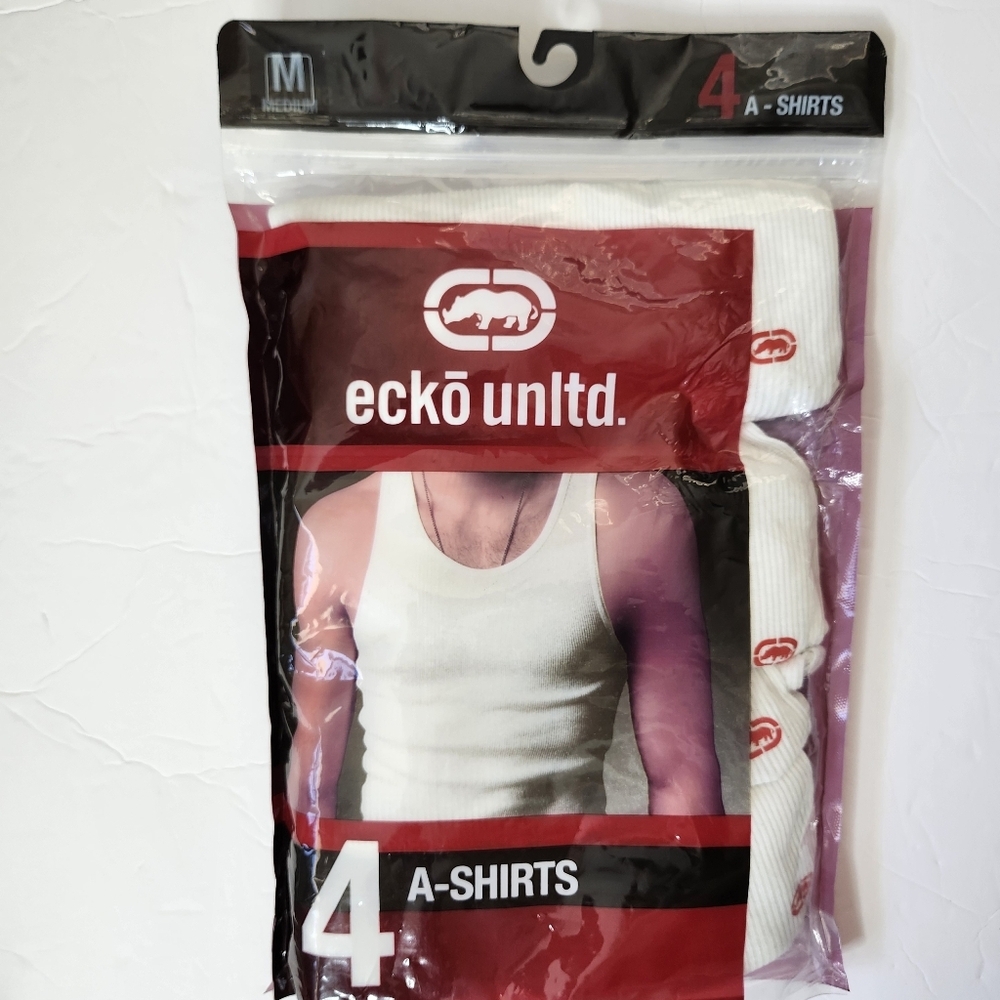 Ecko Mens Ribbed White A Shirts Medium 4 Pack Athletic Undershirt Muscle Shirt